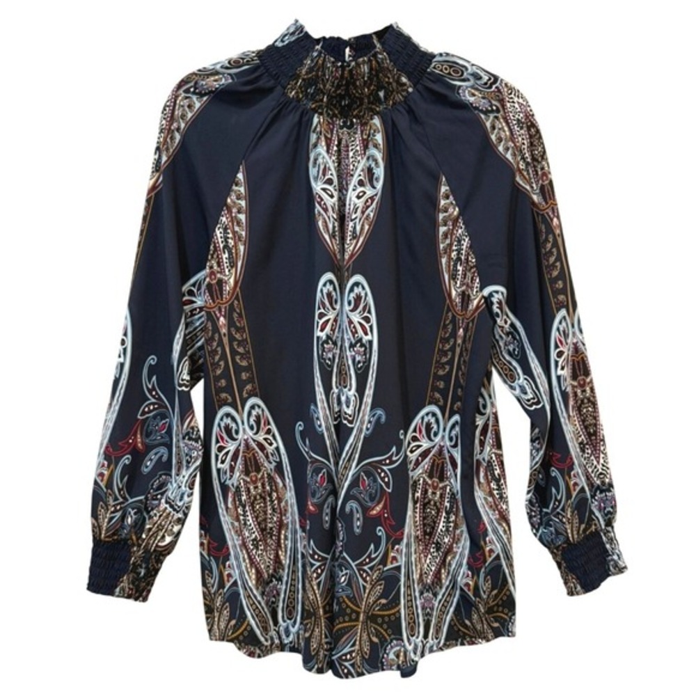 Chico's‎ Navy Paisley Nouveau Smocked Neck Cuffs Tunic Blouse Size 2 / Large